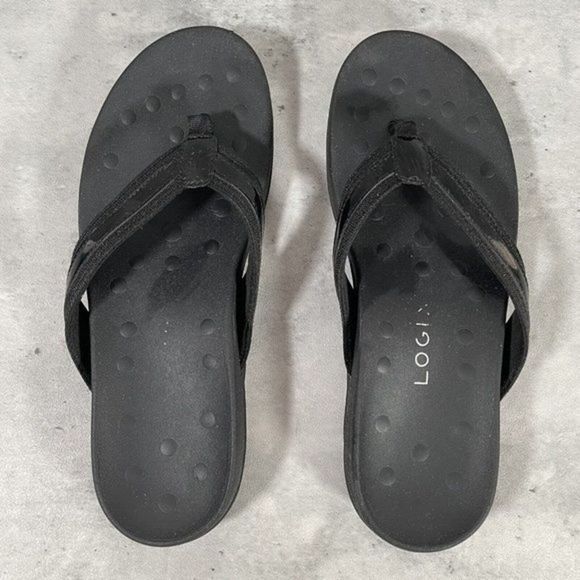 Logix Womens Thong Sandals Black Patent Leather Orthopedic Flat Heel 7 M EUC‎ - Picture 2 of 6